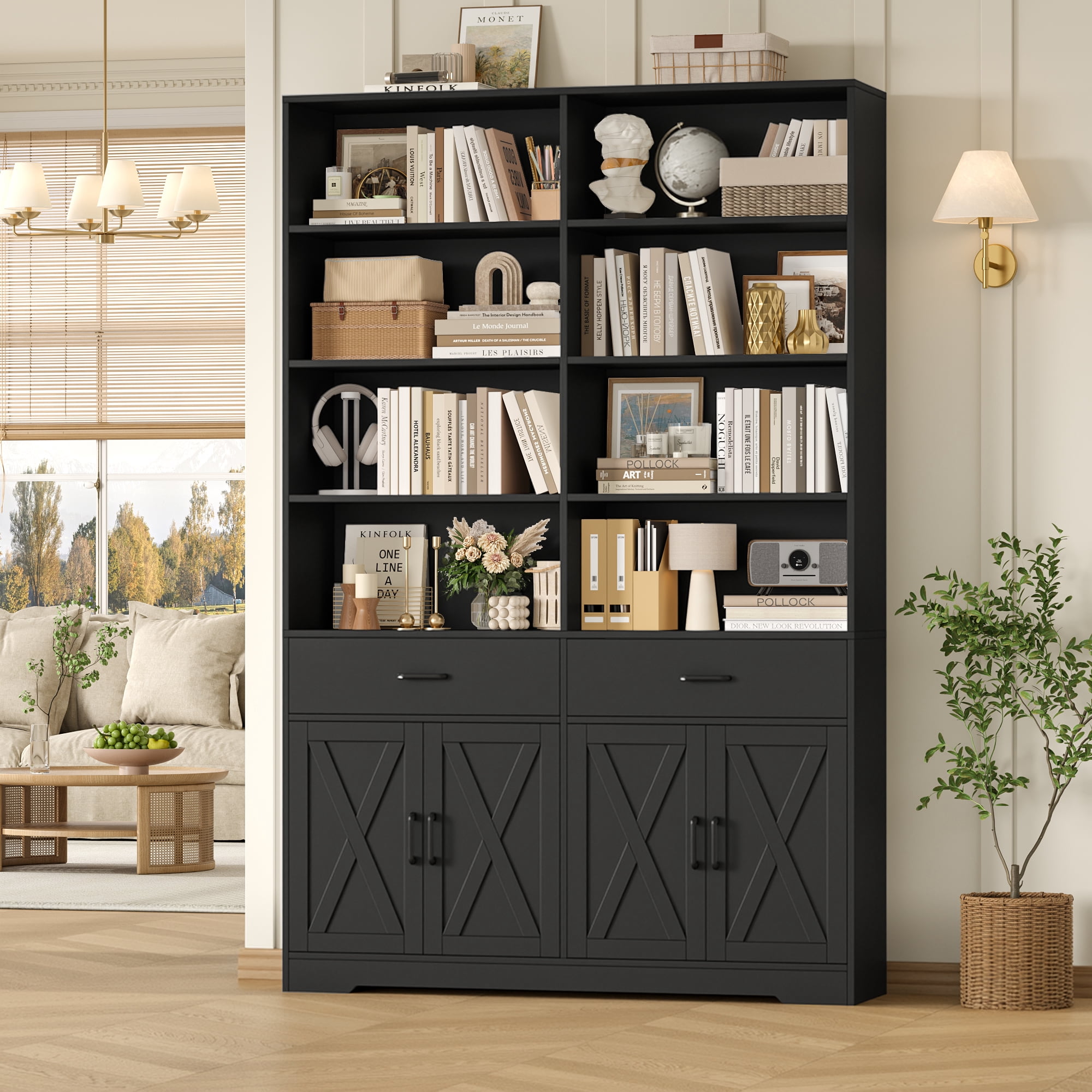 Hiphuta 78" Tall Double Row Bookcase with 2 Drawers, Farmhouse Large Bookshelf with Cabinet, Storage Bookcase with Doors for Office Living Room, Black