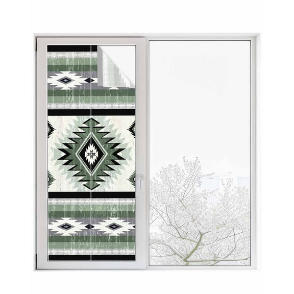Window Privacy Film Sage Green Geometric Stained Glass Window Film Decorative Sun Block Window Cover Southwest Bohemian Country Retro Window Clings Static Adhesive Sticker for Bathroom 23.6"x59"