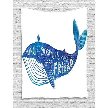 Whale Tapestry, Kind of Ocean is My Best Friend Quote with Whale Fish Paintbrush Artsy Picture, Wall Hanging for Bedroom Living Room Dorm Decor, 40W X 60L Inches, Violet Blue White, by