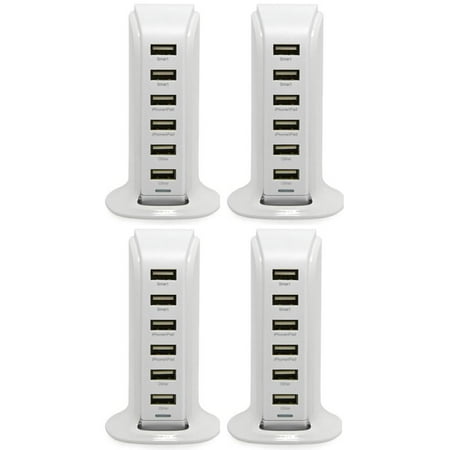 RND 8A Desktop Tower Rapid-Charging Station 6 Ports with Smart IC Technology for iPhone, iPad, Apple Watch, Samsung, LG, HTC, Moto, Sony, Blackberry and other USB Compatible Devices (white) (6-Pack)