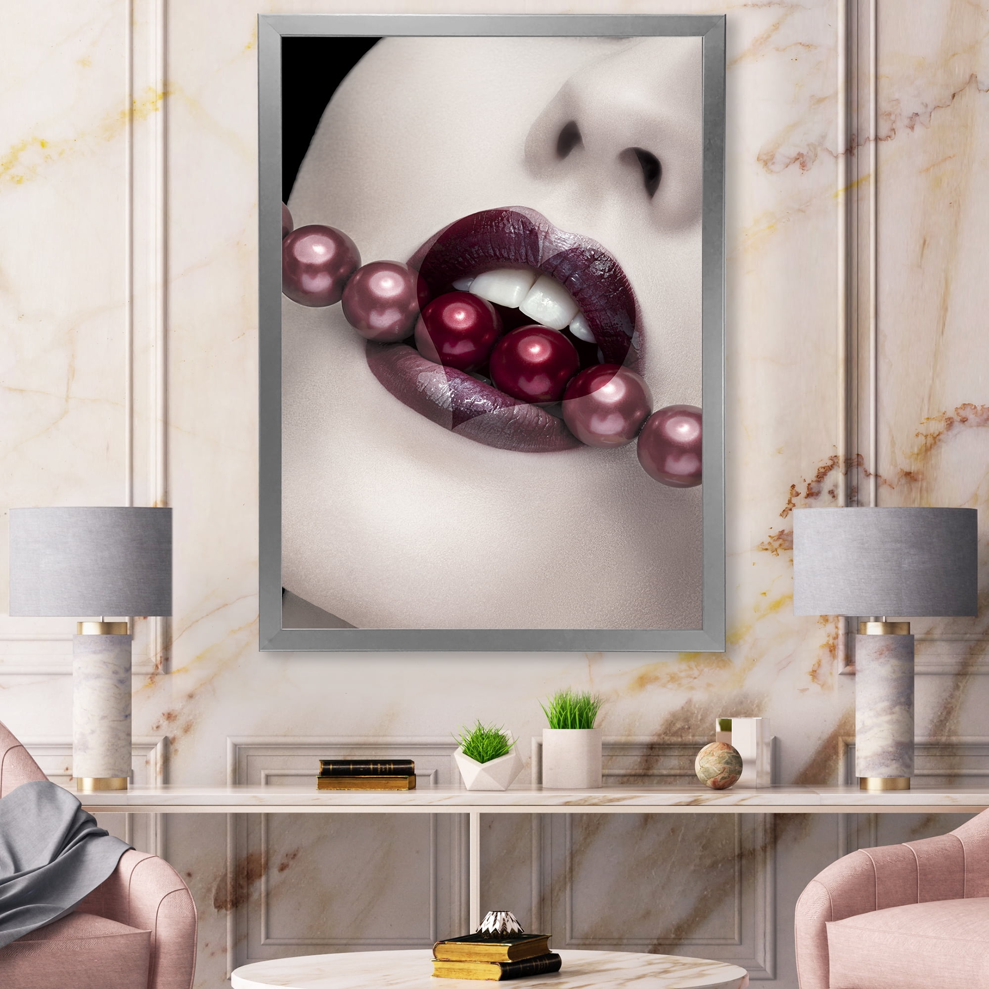 Designart 'Pearls Through Mouth With Heart Shape Lips' Modern Framed Art Print