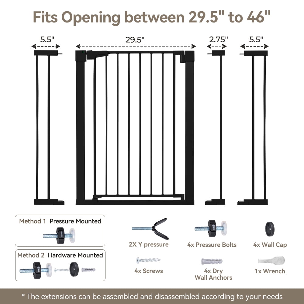 Baby Safety Gate, Caveen Extra Tall 36'', 29.5-46'' Wide Baby Gate Stairway and Hallway, for Ages 6 to 36 Months, Black