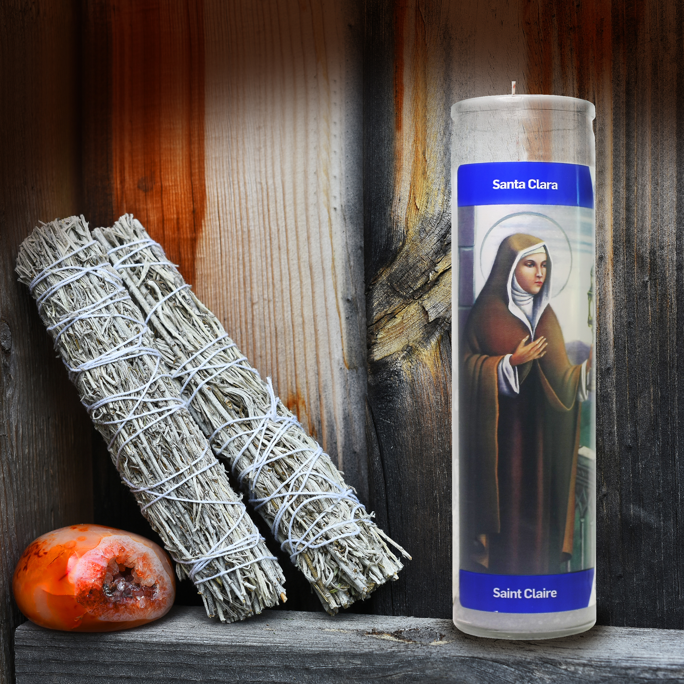Luminaria Santa Clara White Unscented Religious Candle in Glass, 8 inches Tall