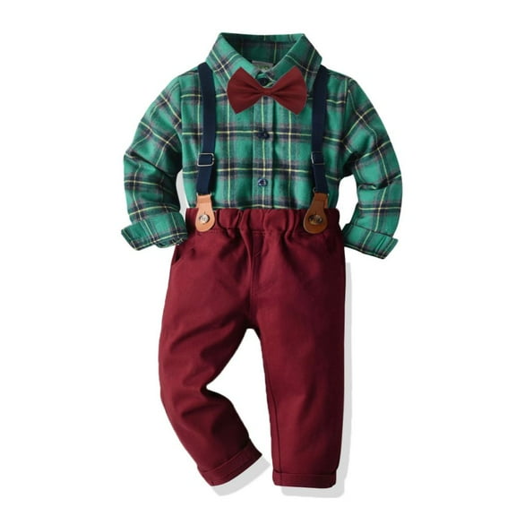 GYRATEDREAM Boy Gentleman Plaid Outfits Toddler Long Sleeve Shirt with Bow Ties Suspenders Pants Kid Dress Suit Wine Red for 12M-6T