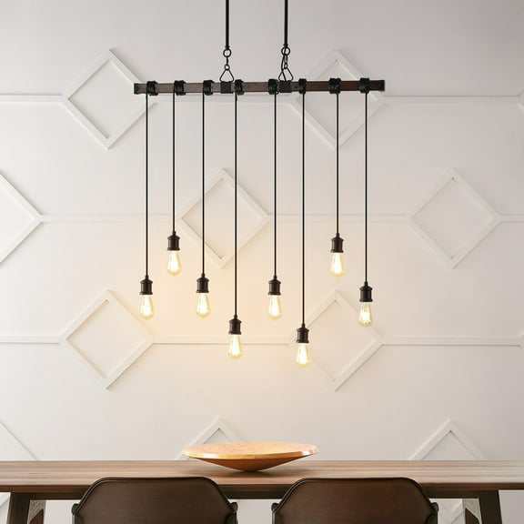 JONATHAN Y Rhys 40" 8-Light Vintage Industrial Driftwood Iron LED Linear Chandelier with Height Adjustable Bulbs, Brown Wood Finish/Black, JYL1330A