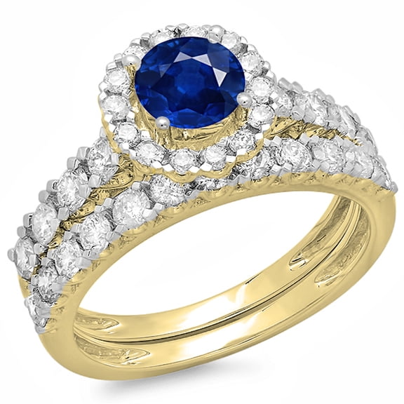 Dazzlingrock Collection 14K Round Blue Sapphire & White Diamond Bridal Halo Style Engagement Ring Set, Yellow Gold, Size 6