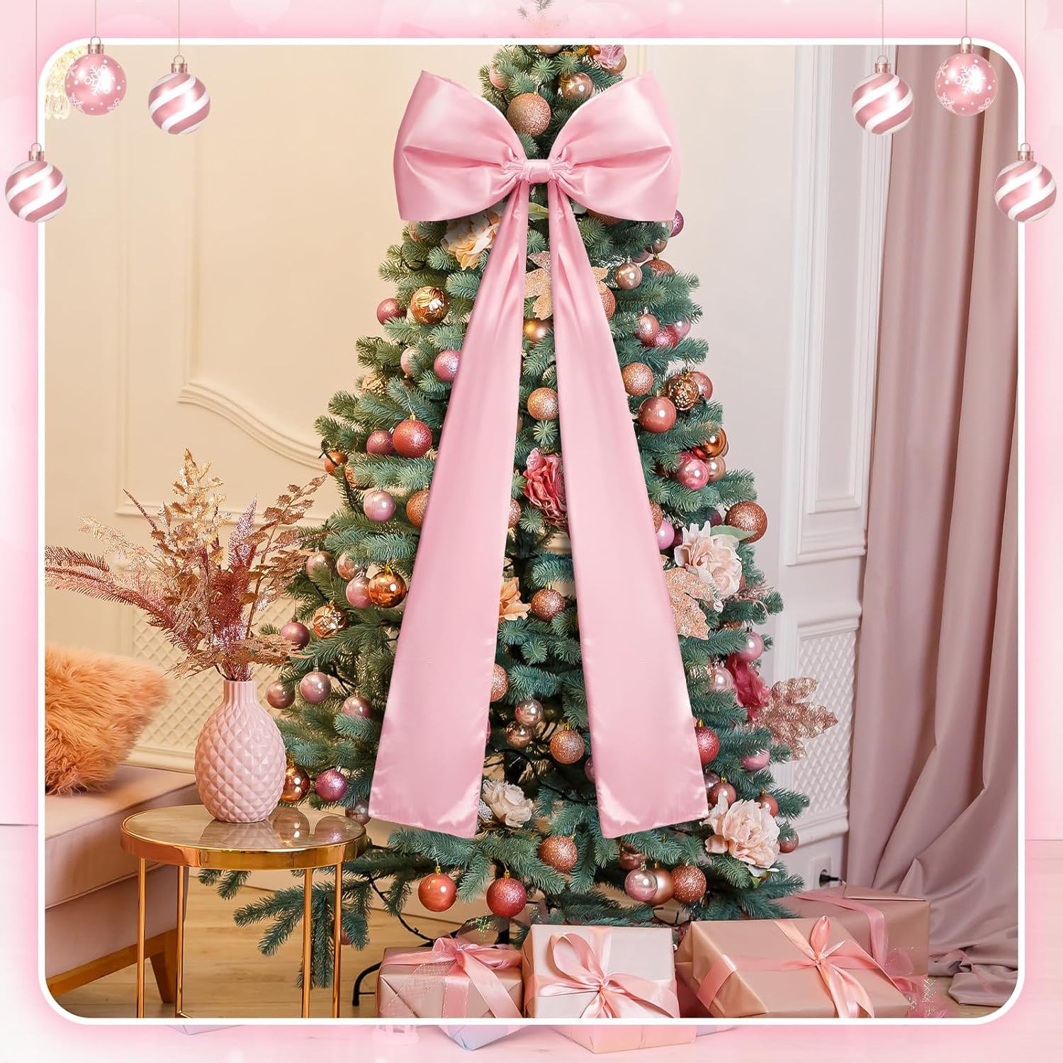 Guvpev 5FT Large Satin Christmas Bows - Giant Pink Xmas Bows for Christmas Tree Topper, Wreaths, Wal, Mantel, Front Door, Porch & Wedding Decorations, Indoor & Outdoor Holiday Christmas Decorations