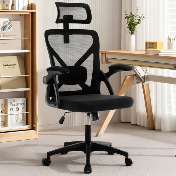 TudoFish High-Back Ergonomic Mesh Office Chair with Adjustable Headrest, Lumbar Support, Flip-Up Arms, 330 lb Capacity, Black