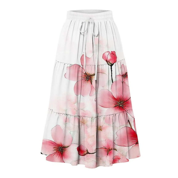 Abomasnow Womens Ruffle Maxi Skirts Elastic High Waist Pleated Long Skirt Summer Casual Boho Flowy Skirts with Drawstring S-2XL