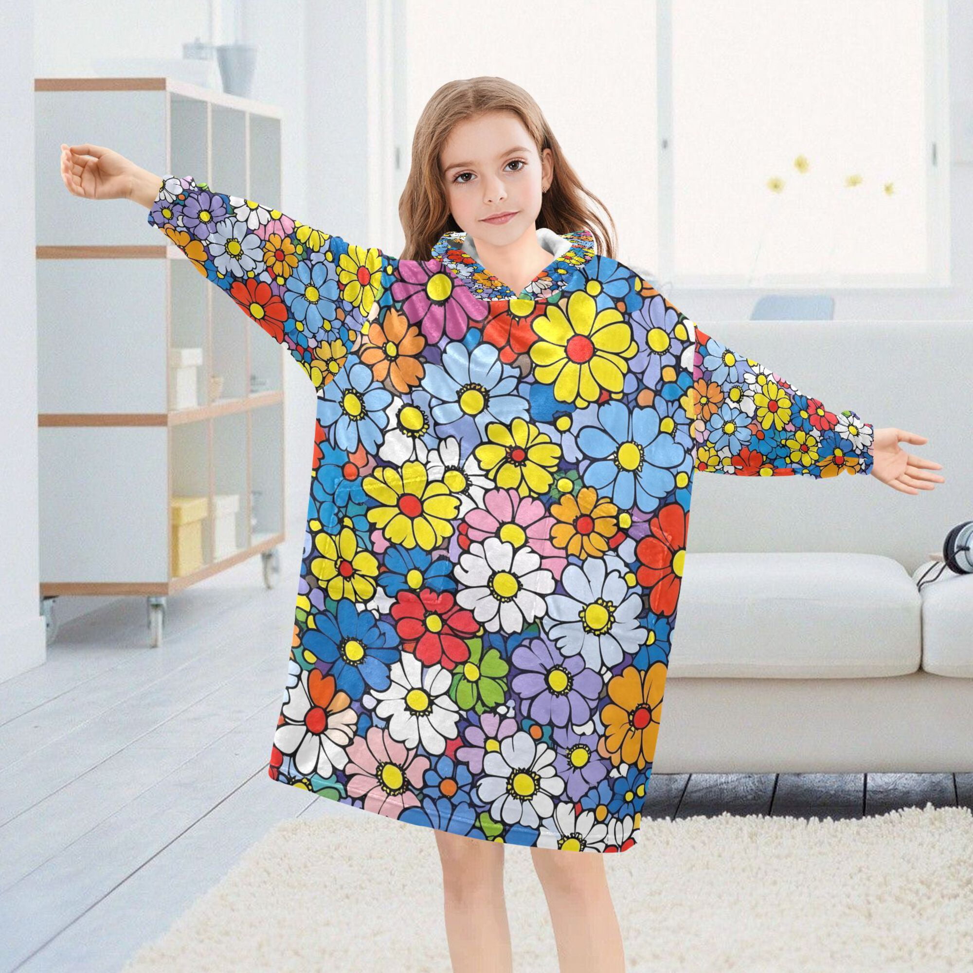 FORMRS Wearable Blanket Hoodie with Sleeves for Kids Cozy Flannel Sweatshirt, Floral Fiesta