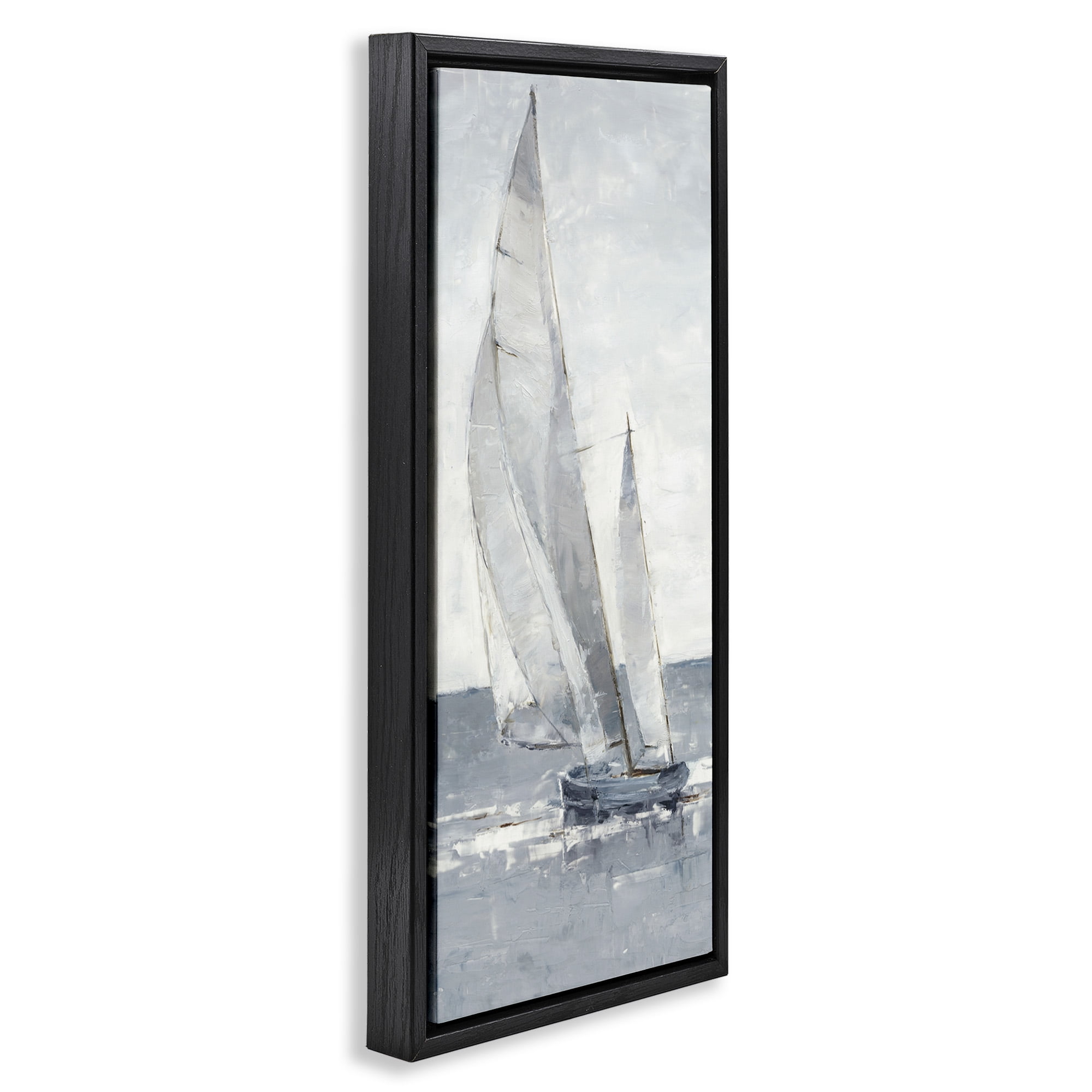 Stupell Industries Grey Sailboat Nautical Abstraction Nature Painting Black Floater Framed Canvas Art Print Wall Art, 15 x 31