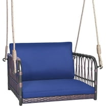 SAZYY Outdoor Metal Porch Swing, Single Person Hanging Seat w/Woven Rattan Backrest, 2 Sturdy Hanging Ropes, Seat & Back Cushions Included, Heavy-Duty Swing Chair for Front Porch, Backyard, Navy