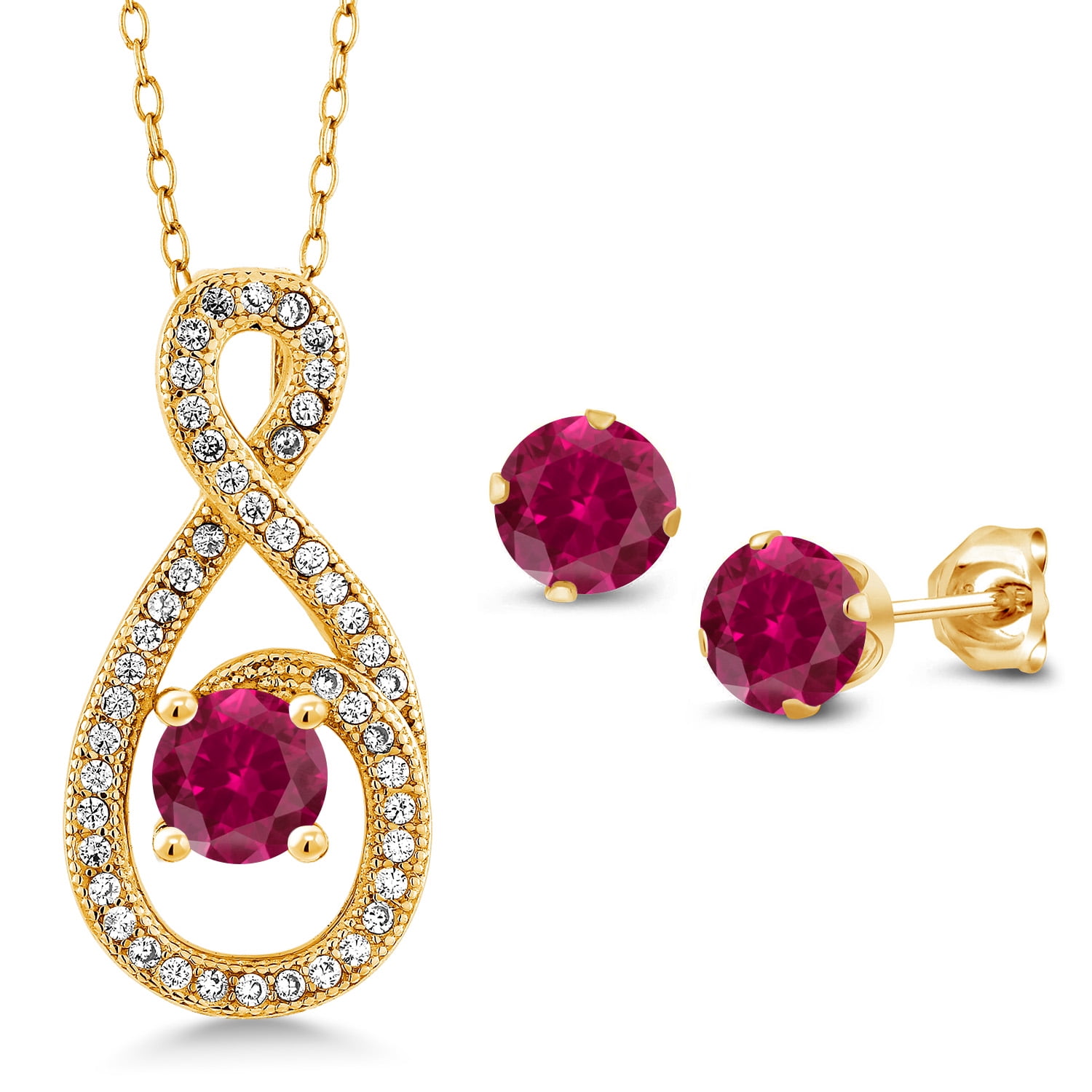 Gem Stone King 3.60 Ct Red Created Ruby 18K Yellow Gold Plated Silver Pendant and Earrings Jewelry Set
