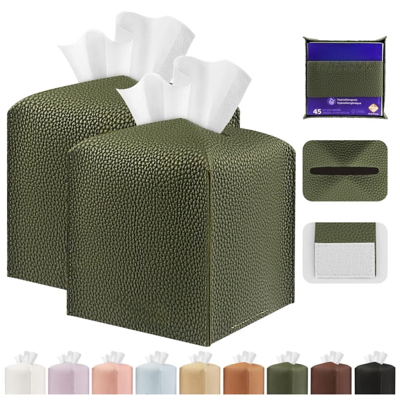 Minzimin Tissue Box Cover Holder Square Tissue Cube Cover PU Leather Tissue Organizer with Bottom Belt for Bathroom, Tabletop, Car, Night Stands, Office, Home, Kitchen,1/ 2Pack