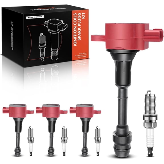 A-Premium Set of 4 (Red) Ignition Coil Pack and Iridium Spark Plugs Compatible with Nissan Altima Sentra 2002-2006, X-Trail 2005-2006 L4 2.5L