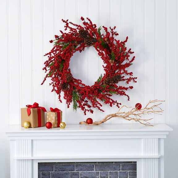Nearly Natural Plastic Wreath, 34.00" (Assorted Colors)