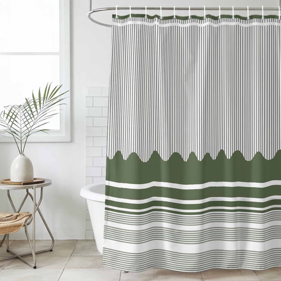 Dark Green Striped Shower Curtain Set, Waterproof Shower Curtains for Bathroom, Abstract Modern Geometric Stripes Washable Fabric Cloth Bath Curtain for Bathtub Decoration with Hooks 48x72 Inches