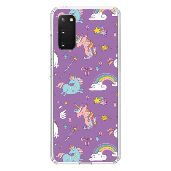 DistinctInk Clear Shockproof Hybrid Case for Galaxy S20 / S20 5G (6.2" Screen) - TPU Bumper, Acrylic Back, Tempered Glass Screen Protector - Unicorn Rainbow Wand Pattern - Purple