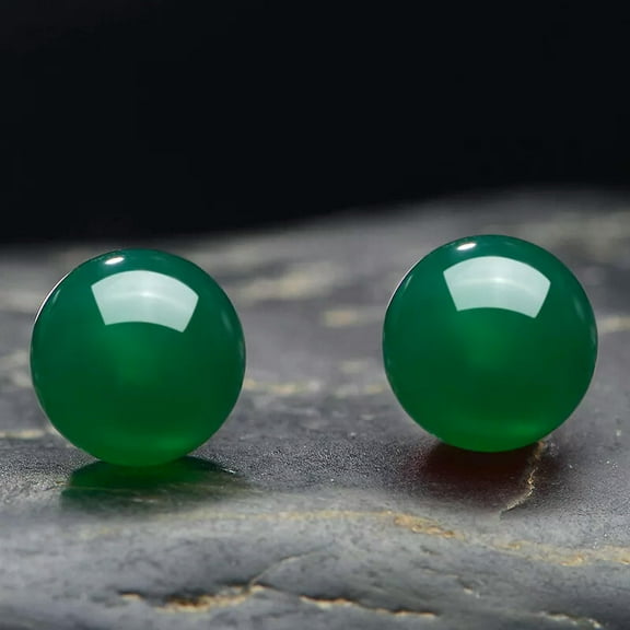K-KED Beautiful 10mm Natural Green Jade Round Beads Silver Stud Earrings