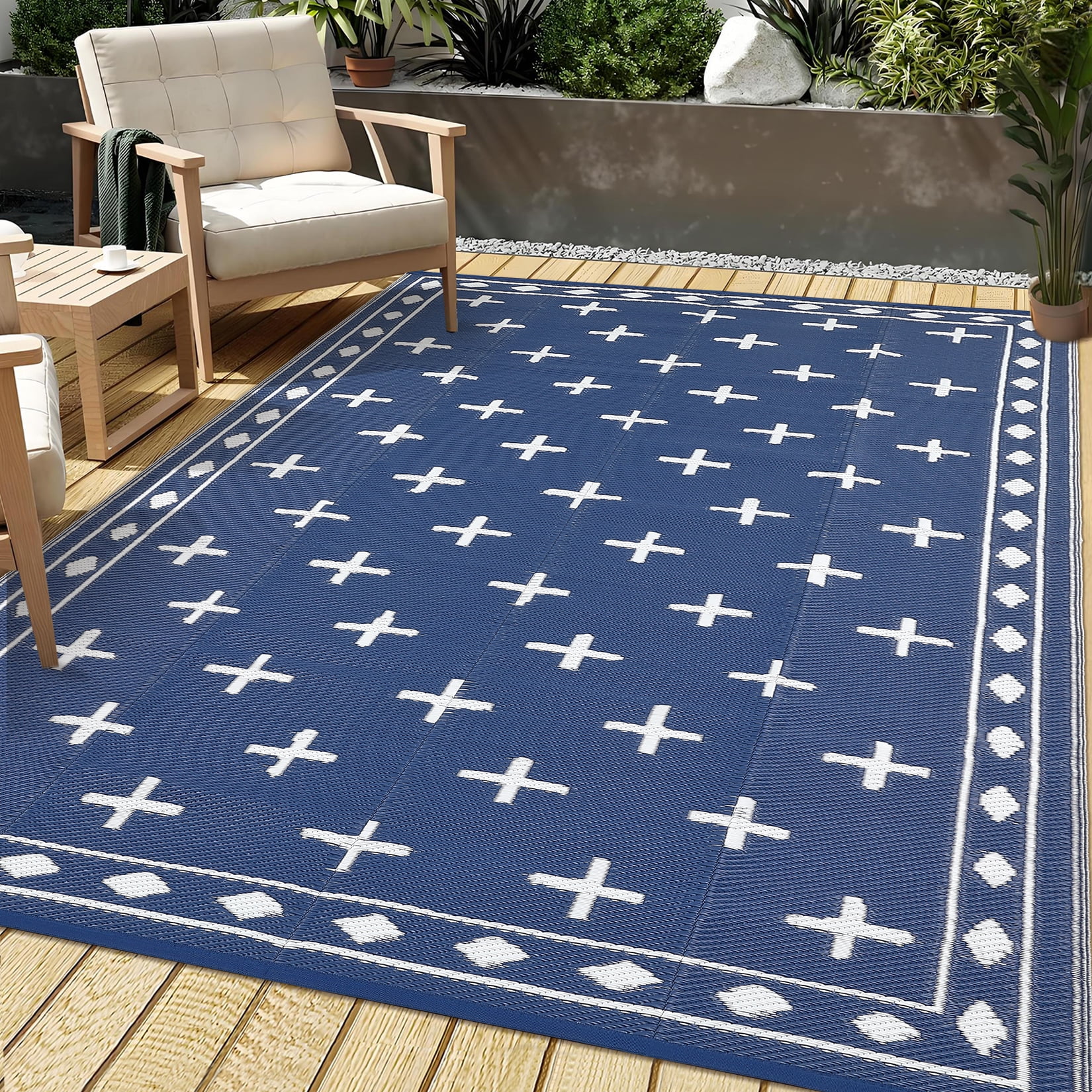 Garvee 8'x10' Waterproof Outdoor Rug Modern Bordered Reversible Outdoor Carpet, Plastic Straw Rug Portable RV Picnic Camping Mat for Garden Backyard Deck Balcony, Dark Blue