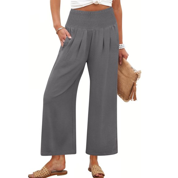 Delayuji Women's Casual Pants Solid Color Cropped Pants High Waisted Straight Leg Pants Wrinkled Style Elastic Beach Pants Spring Summer