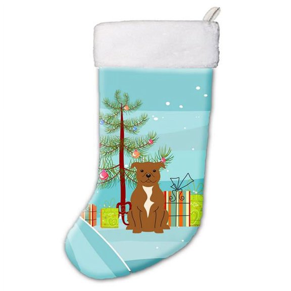 Carolines Treasures BB4172CS Merry Christmas Tree Staffordshire Bull Terrier Brown Christmas Stocking
