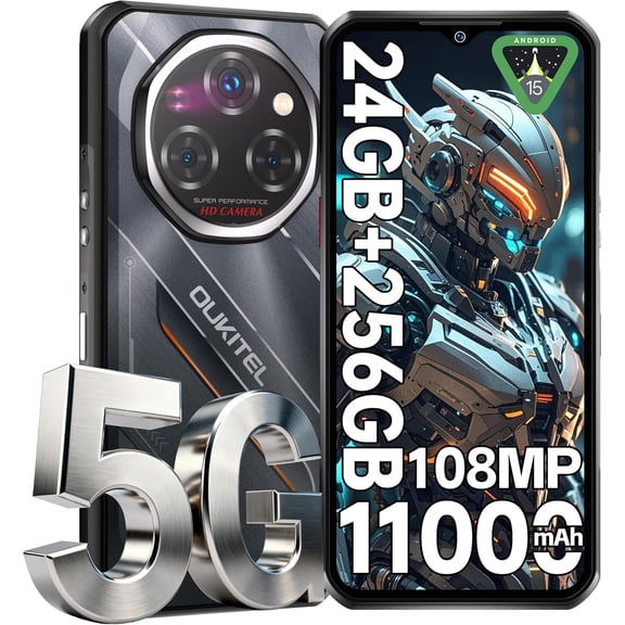 OUKITEL WP62 5G Rugged Smartphone Unlocked Android 15-24GB 256GB/2TB Rugged Cell Phone, 6.6''FHD  Display 108MP Rear Camera 11000mAh(33W) Battery Waterproof Phones, IP68/IP69K/NFC/OTG/Fingerprint