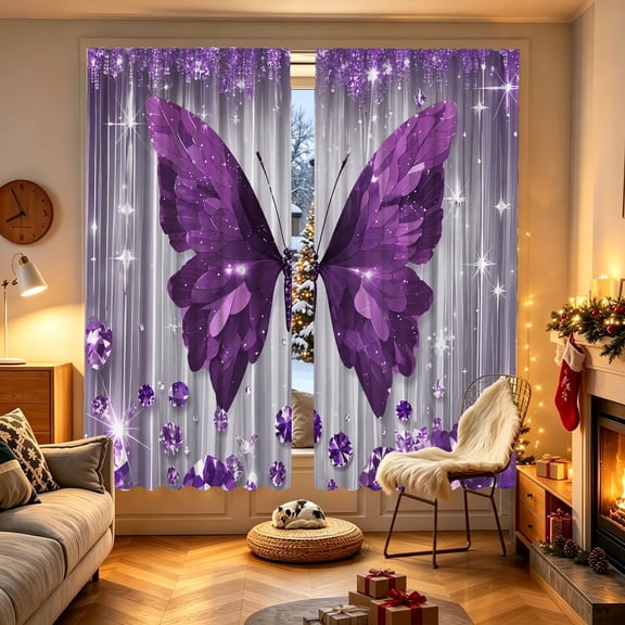 Shimmer Purple Double Butterfly Printed Window Curtain, 53.9x17.7/27.5x39.3/27.5x59 inch, Polyester, Airy, Indoor Household Decor