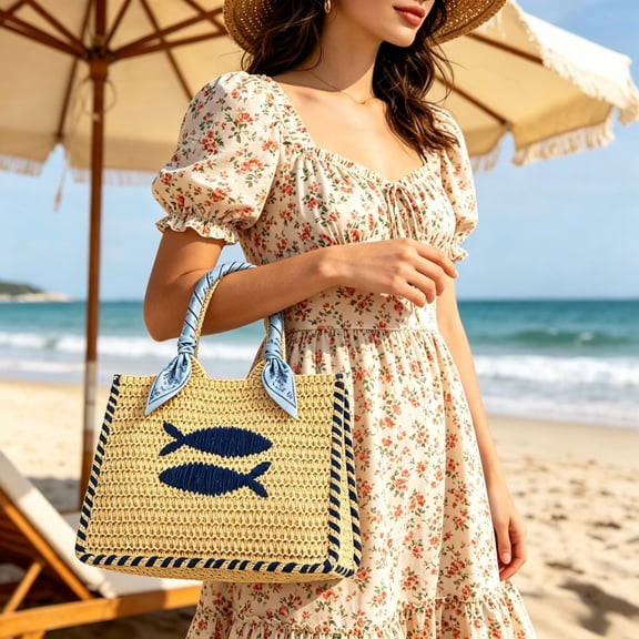 HCBY Embroidered Fish Straw Beach Tote Bag with Scarf Handle, 11.75x10 in, Khaki Woven Handbag for Vacation, Pool & Daily Shopping