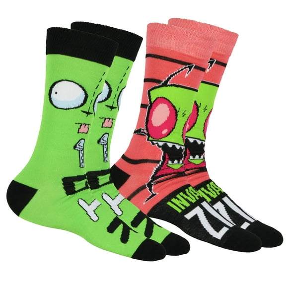Invader Zim Socks Men's Zim and Gir Designs 2-Pair Adult Mid-Calf Crew Socks (Fits Shoe Size 6-12)