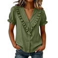 thumbnail image 3 of Babysbule Women's V-Neck Ruffle Collar Puff Short Sleeve Button Front Relaxed Fit Casual Blouse Everyday Top, 3 of 8