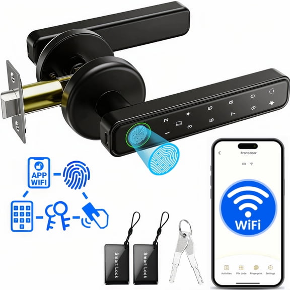 Smart Door Lock,Blacksmith 5 in 1 Smart Door Handle with Built-in WiFi Gateway and Fingerprint,App,Password,Key,Card Unlock,Smart Lock for Door,Black