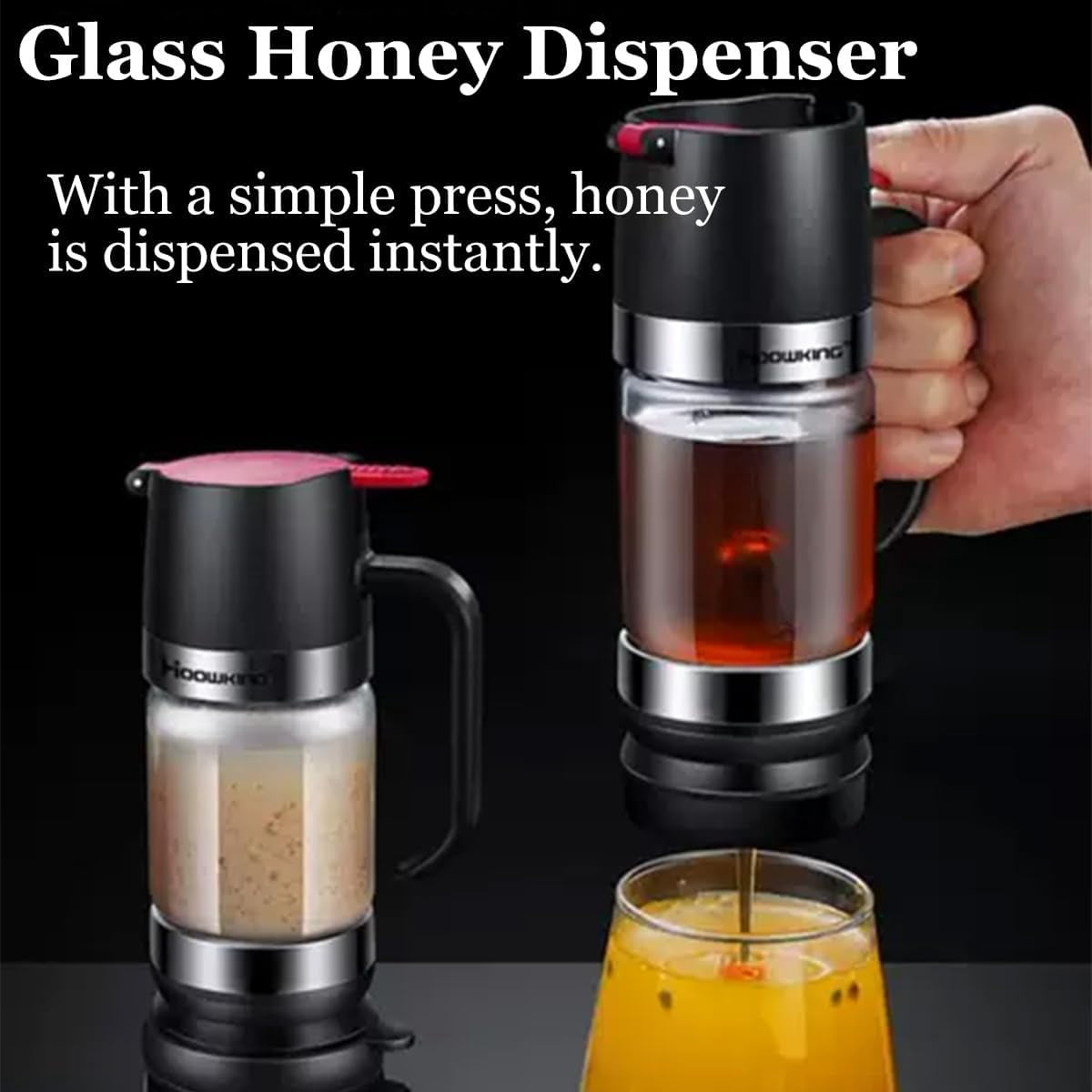 12oz Glass Honey Dispenser with Base – No-Drip, Easy-Pump Design for Mess-Free Pouring, Honey Container with Handle, Ideal for Syrup & Jam