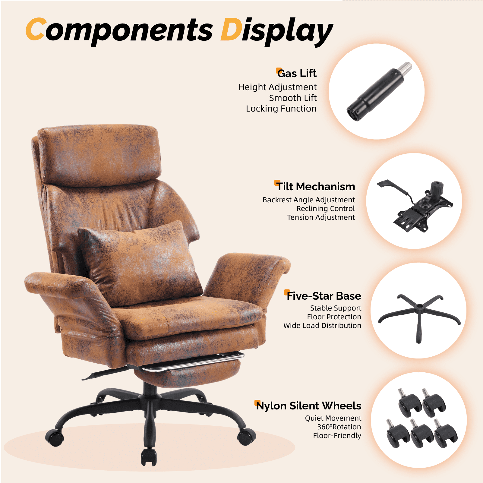 Ktaxon Gaming Chair with Footrest, High Back Bronzing Cloth Office Chair, Adjustable Reclining Desk Chair with Lumbar Support, Swivel Task Seating for Adults Brown