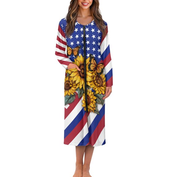 FKELYI USA Flag Butterfly Sunflower Print Women Zip-Up Front Nightgowns Comfy Sleepwear Dress with 2 Pockets Breathable House Robes Spring Nightwear Dresses for Lady Loungewear, L