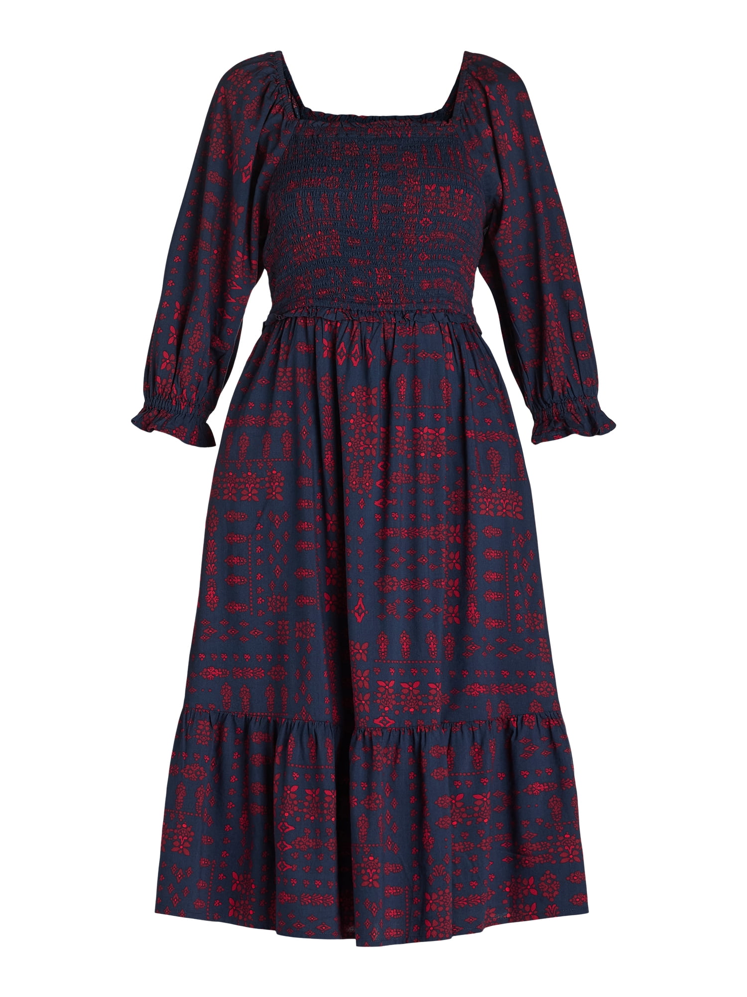 The Pioneer Woman Smocked Bodice Midi Dress, Women’s and Women’s Plus, Sizes XS-3X