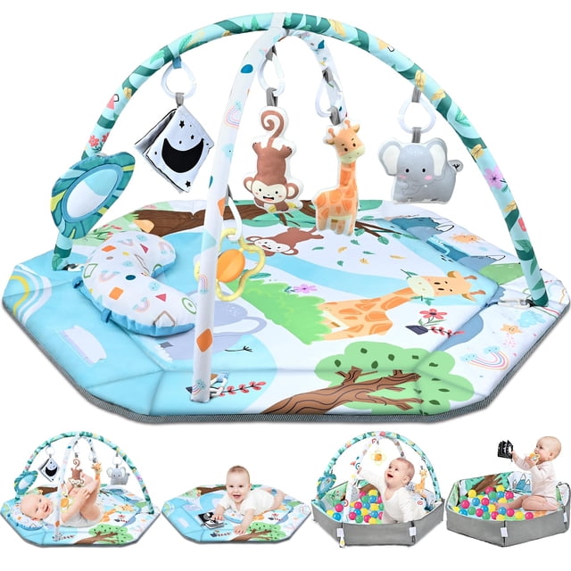 Colchoneta de gimnasio para bebés Jyusmile 8 en 1 Tummy Time con 6 juguetes