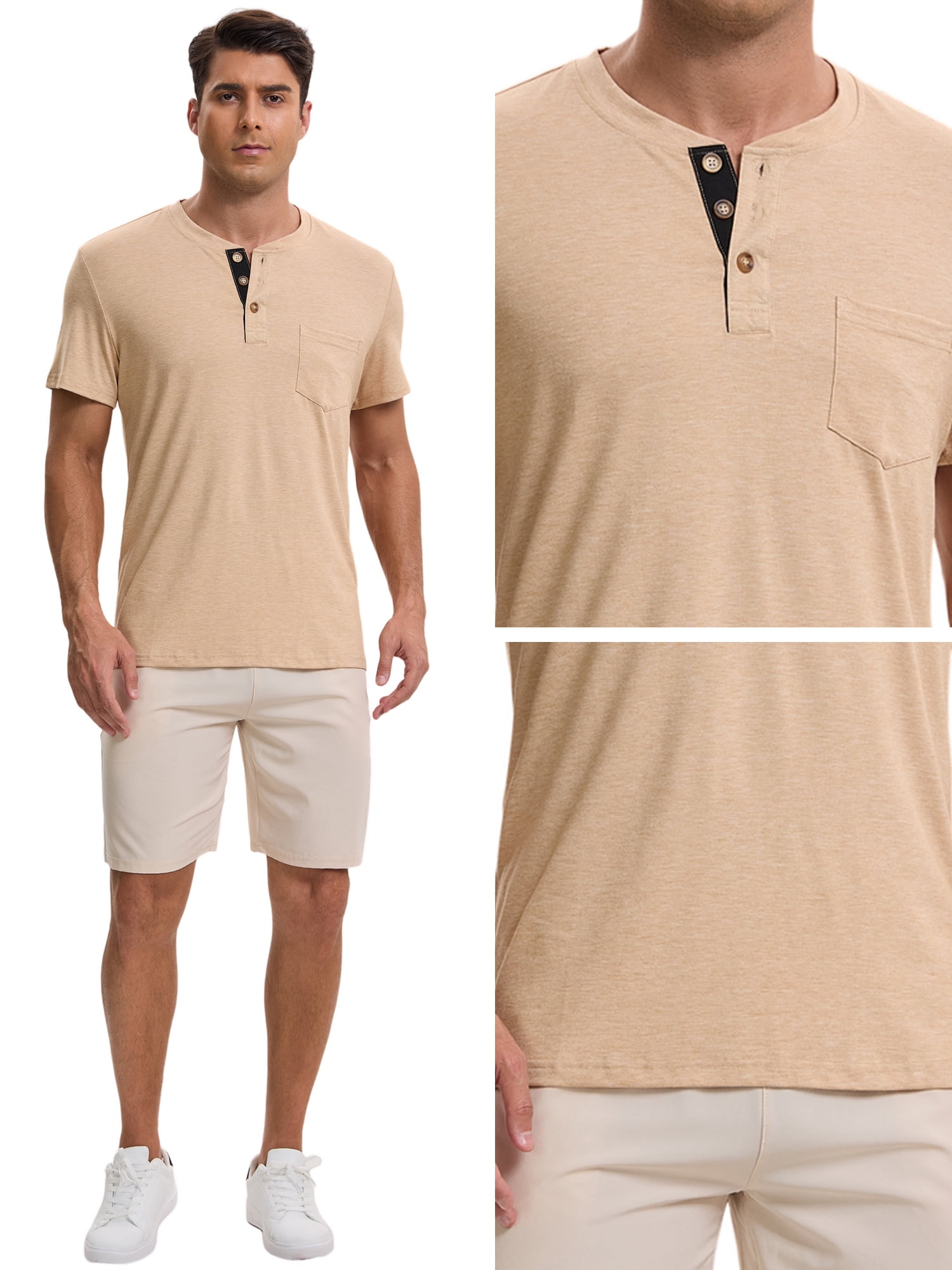 DARING DIVA Men's Casual Summer Short Sleeves Button Henley Basic Tee 2XL Khaki