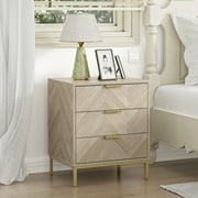 Eumyviv Rustic Metal & Wood 3 Drawer Nightstand, Herringbone Pattern Side Table, Oak Finish