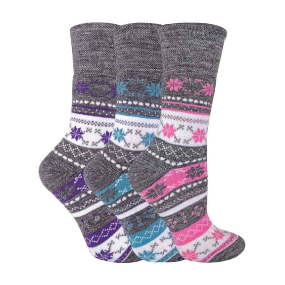 Sock Snob - Ladies 3 Pairs Thick Winter Warm Fairisle Patterned Thermal Socks with Non-Elastic Top
