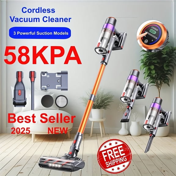 Cordless Stick Vacuum, 550W 75KPa Powerful Suction, 60Min Runtime, LED Floor Brush, 5-Layer HEPA for Pet Hair, Carpet, Hard Floor