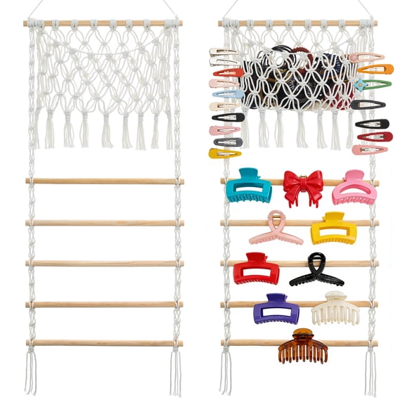 Austok Macrame Hair Claw Clip Organizer,Large Capacity Mesh Bag Scrunchies Holder and Hair Ties Organizer for Women Girls,Hair Accessorie Hanging Storage Home Decor Wall,Door