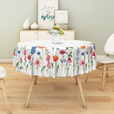 Mizhona Pink and Blue Floral Round Tablecloth,Vintage Table Cloth for Kitchen Party Outdoor Decor，60"