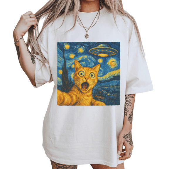 Trippy Space Surprised Alien Cat Art Print Tshirt White S-5XL Graphic Tees Shirts Tops