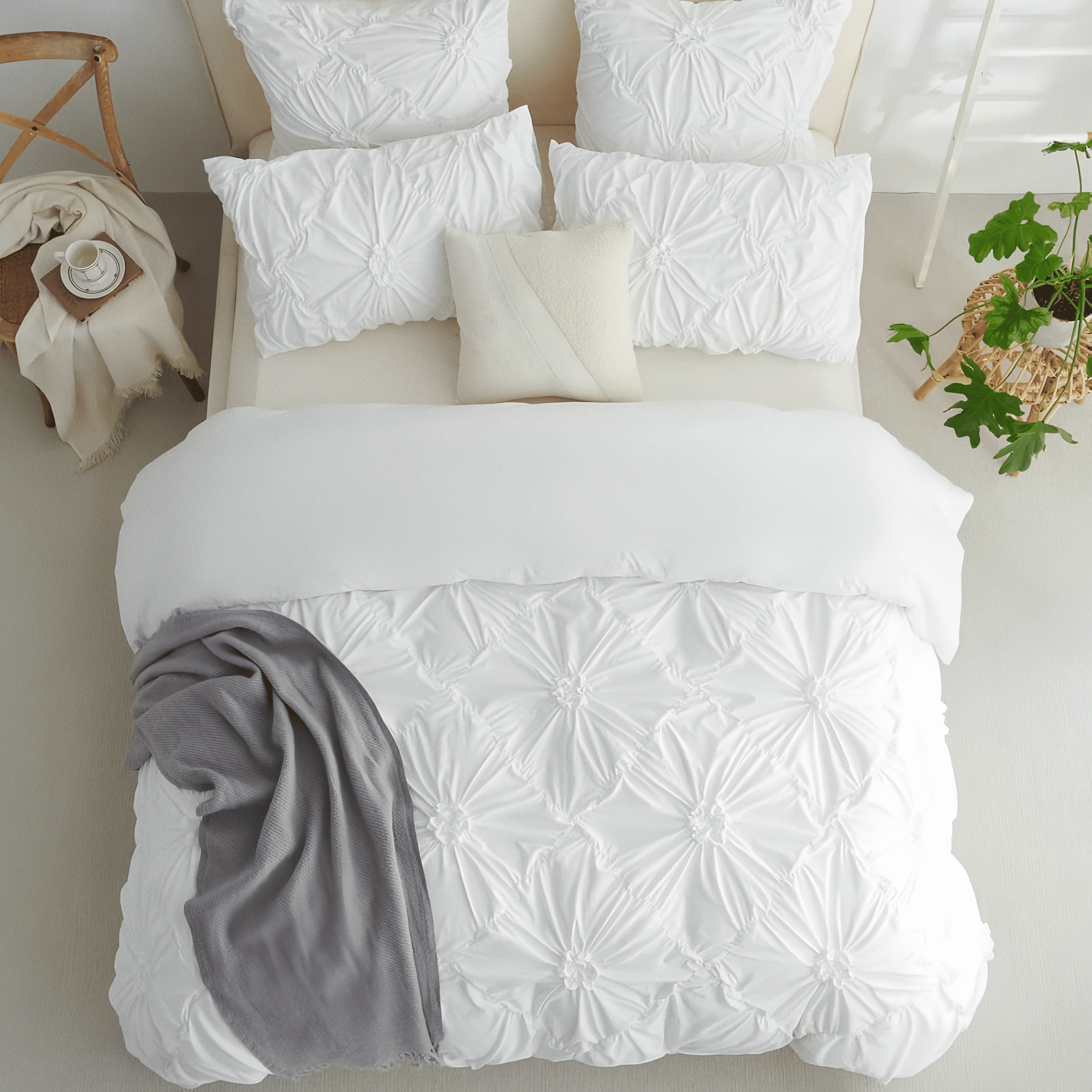 JOLUSERE Rustic French Style White Duvet Cover Sets Queen Size, Textured Flower Pinch Pleated Solid Luxury Bedding Sets