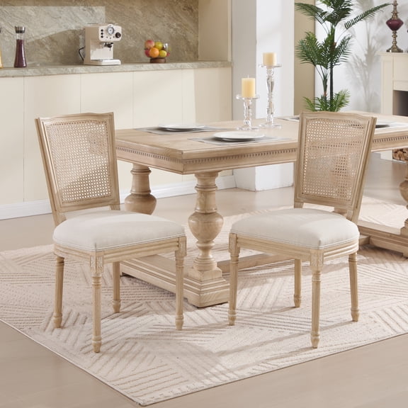 Noble House French Country Dining Chairs with Natural Rattan Back and Carved Wood Legs, for Living Room, Beige, Set of 2