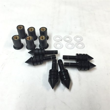 HTT-MOTOR Universal Fit Black Motorcycle Spike Bolts (Windscreen, Fairings, License Plate) 6PCs with Mounting Part Honda Yamaha Kawasaki Suzuki Triumph Ducati Windshield Screws Hardware