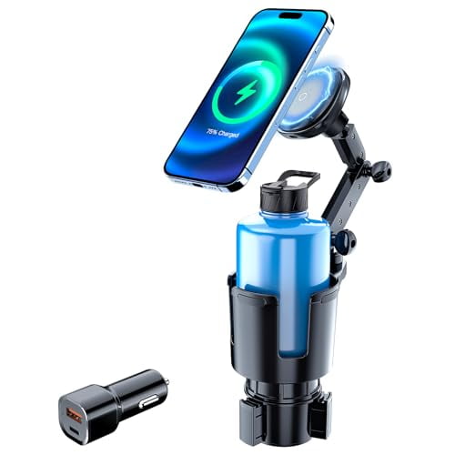 SPEEDWOW 3-in-1 Magnetic Car Wireless Charger Mount with Cup Holder Expander, 15W Fast Charging for iPhone 16/15/14/13/12 Series, Adjustable Arm & QC3.0 Adapter Included
