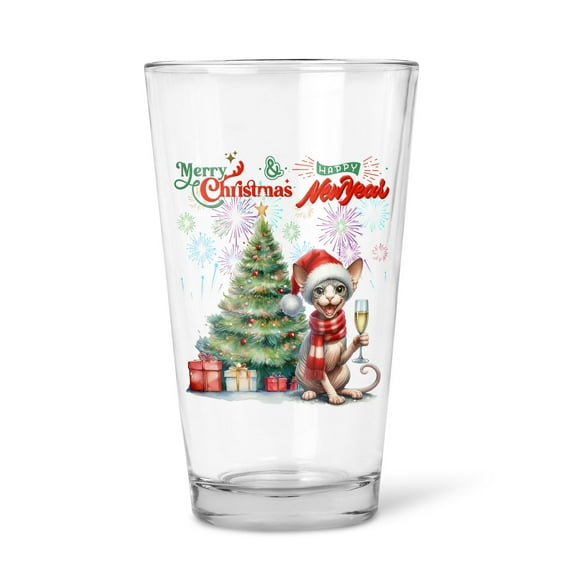 Merry Christmas and Happy New Year Santa Sphynx Holiday Xmas Winter 2025 16oz Pint Beer Glass Mug Cat Lover Kitten Owner Gifts Idea Beer Glasses Cup - 00024