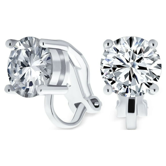 Round Solitaire CZ Clip On Bridal Stud Earrings 8mm Rhodium Plated